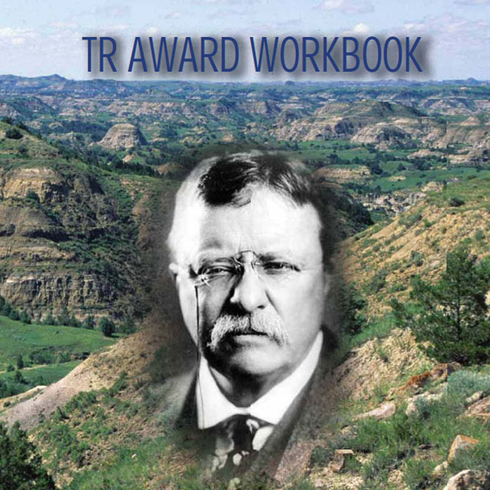 Cover of award workbook depicting badlands and Roosevelt