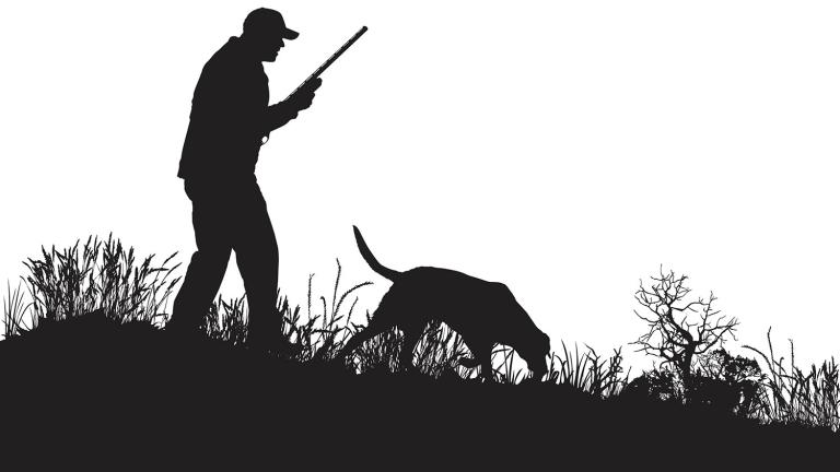 Silhouette drawing of hunter and dog in the field