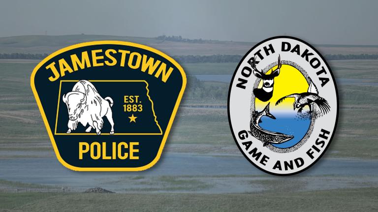 Jamestown PD logo (left), NDGF logo (right), prairie background